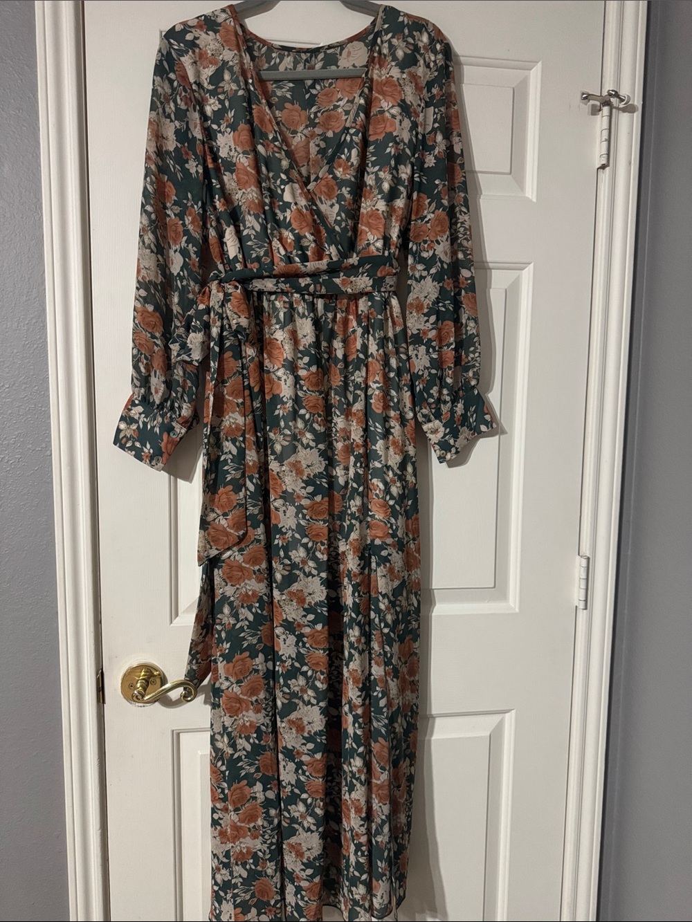 Floral Wrap Maxi Dress — Green and Rust Floral